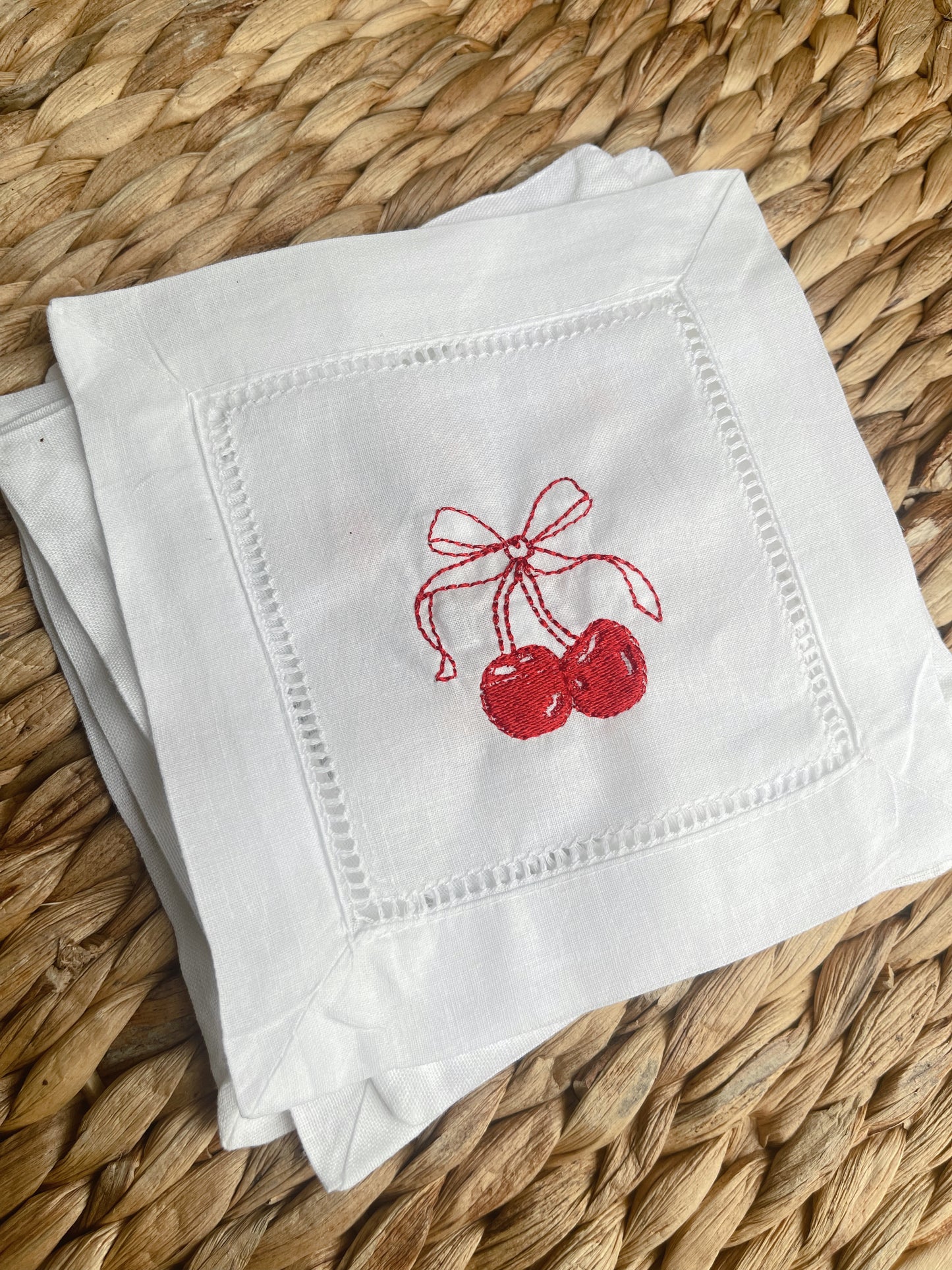 Cherries Stitched Cocktail Napkin