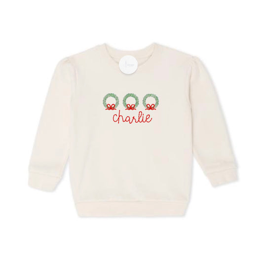 Bow Wreath Puff Sleeve Crewneck